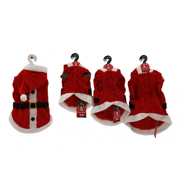 Christmas Hooded Santa Dog Coat | Red Plush, White Trim, Black Belt