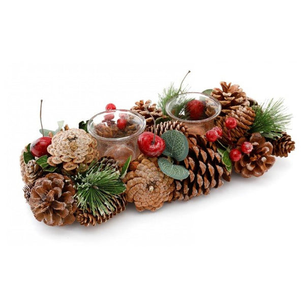 Christmas Cone and Eucalyptus Tealight Holder Centrepiece | 32 cm, Red Berries