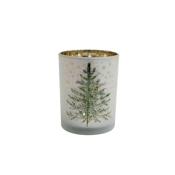 Christmas Frosted Tree Motif Candle Holder | Gold Interior, 10 x 12.5cm