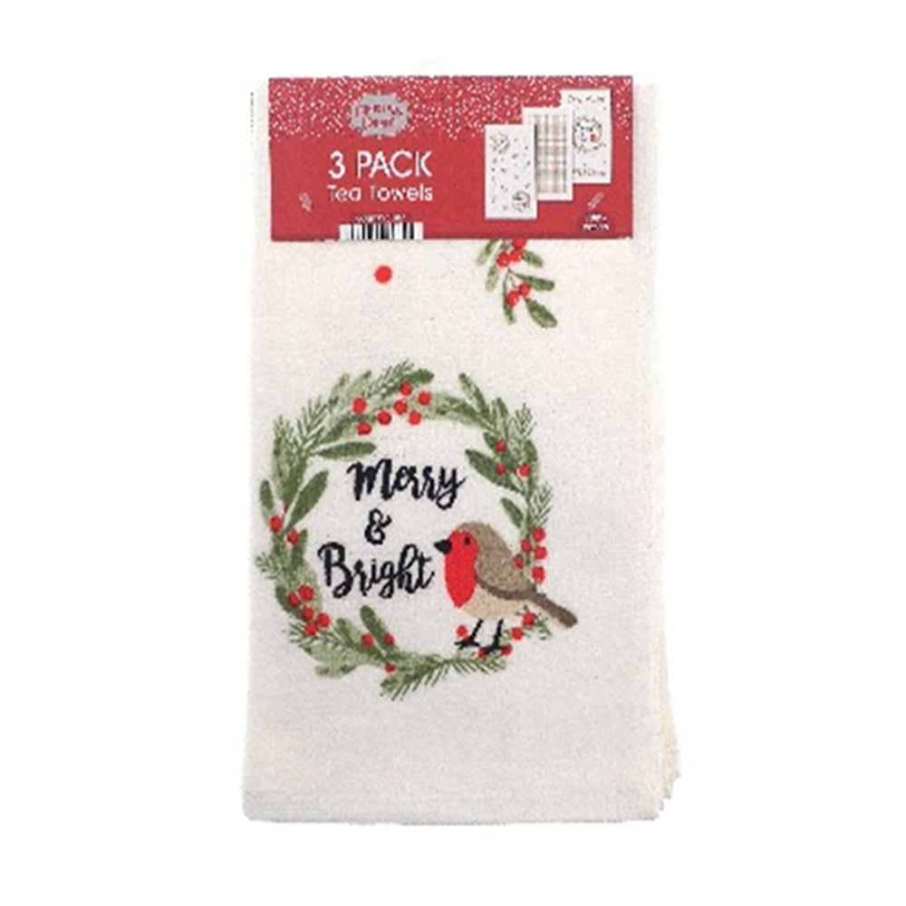 Christmas Merry & Bright Festive Tea Towels | Pack of 3, Assorted Designs