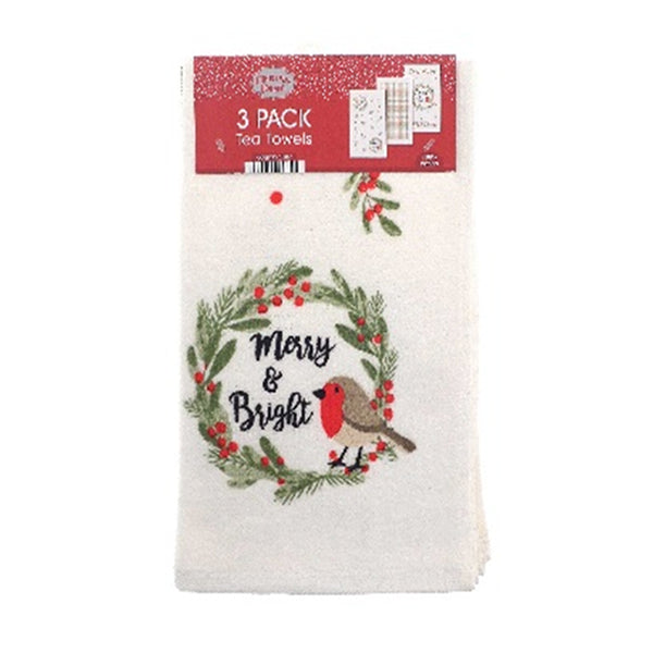 Christmas Merry & Bright Festive Tea Towels | Pack of 3, Assorted Designs