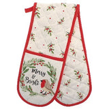 Christmas Merry & Bright Double Oven Glove | Quilted, Embroidered, Hanging Loops