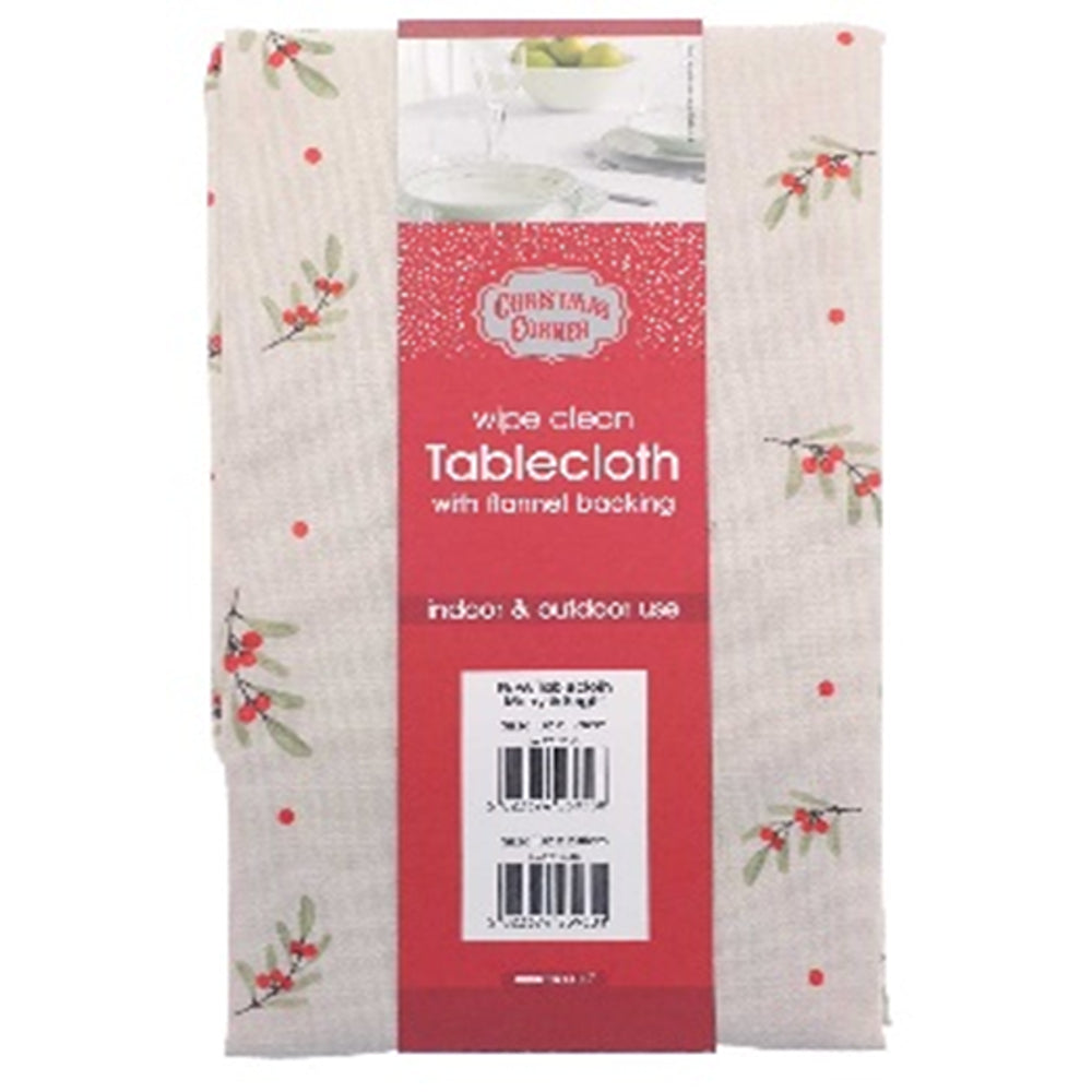 Christmas Merry & Bright Tablecloth | Flannel Backed, Holly Motif, 132 x 230