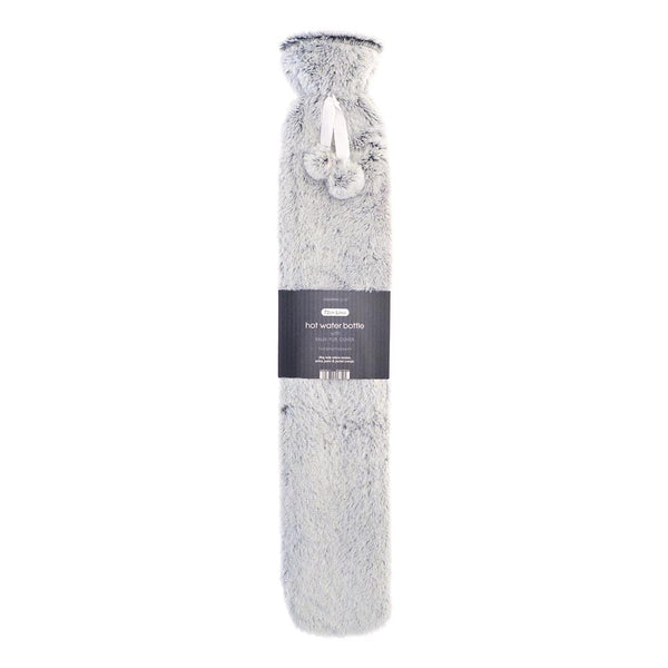 Silver Two-Tone Faux Fur Long Hot Water Bottle | 72cm, Pom-Pom Tie