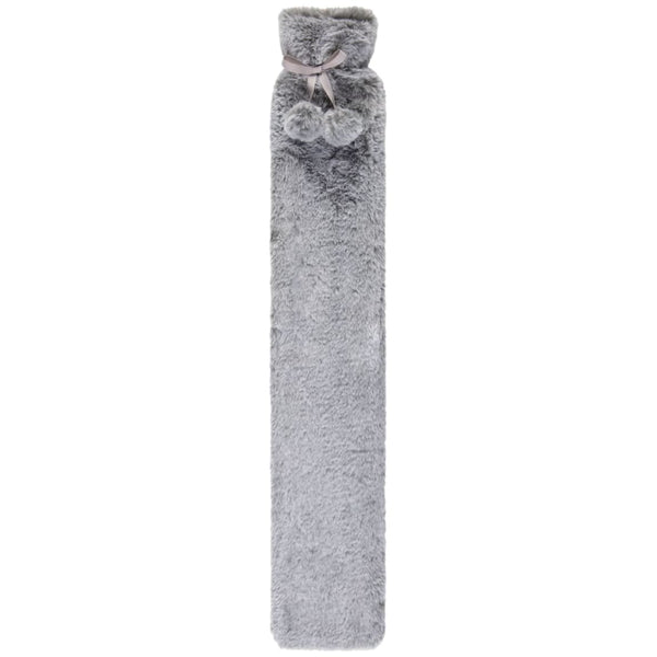 Silver Two-Tone Faux Fur Long Hot Water Bottle | 72cm, Pom-Pom Tie
