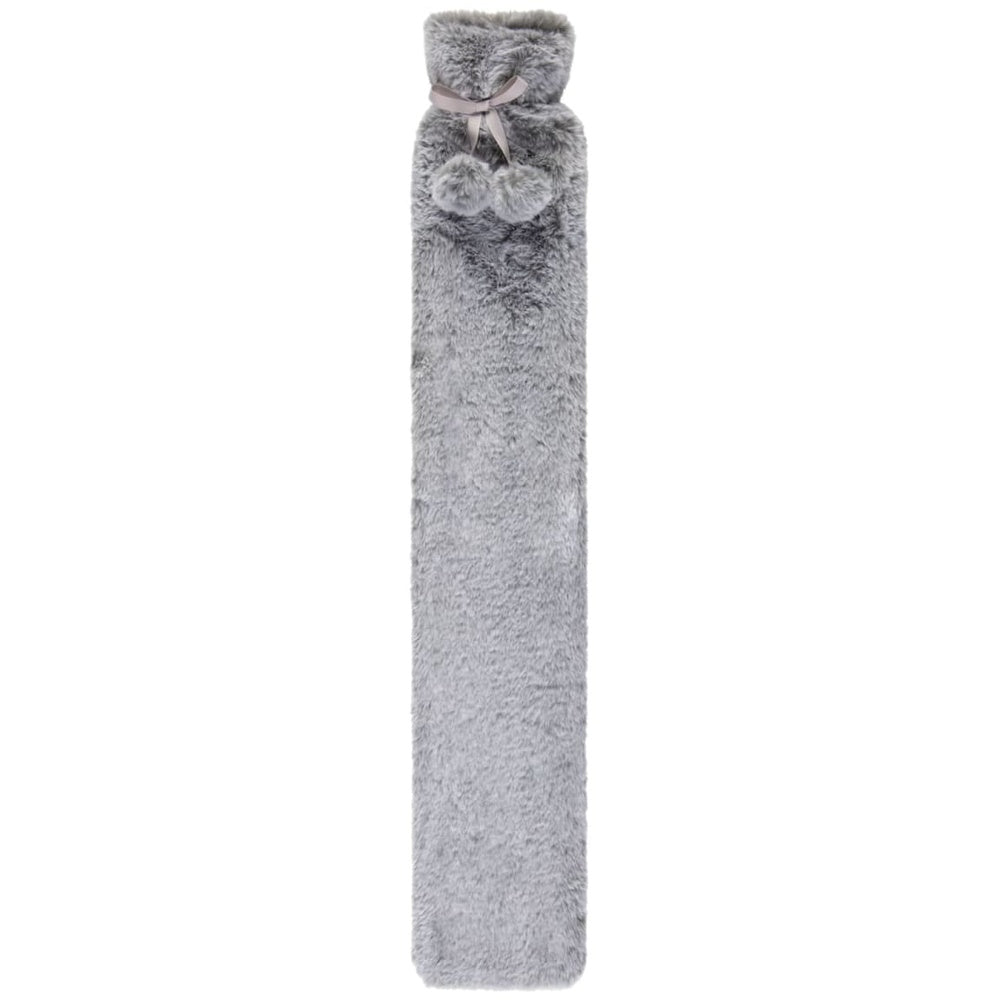Silver Two-Tone Faux Fur Long Hot Water Bottle | 72cm, Pom-Pom Tie