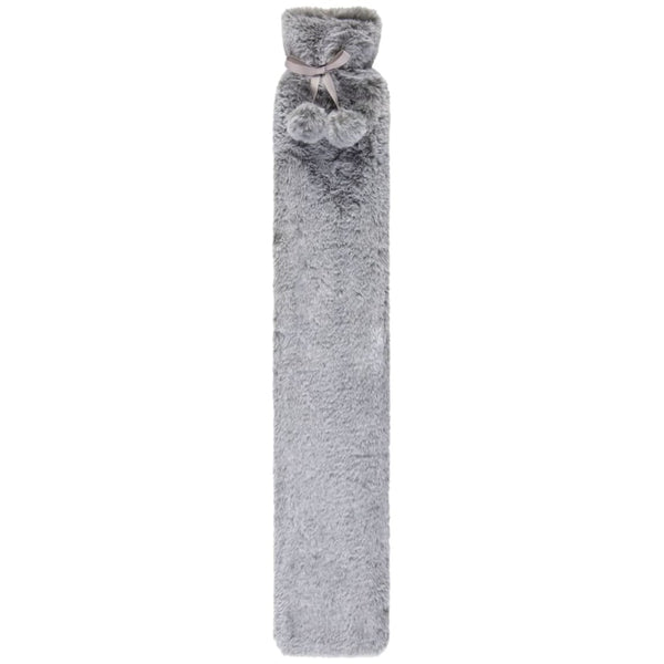 Silver Two-Tone Faux Fur Long Hot Water Bottle | 72cm, Pom-Pom Tie