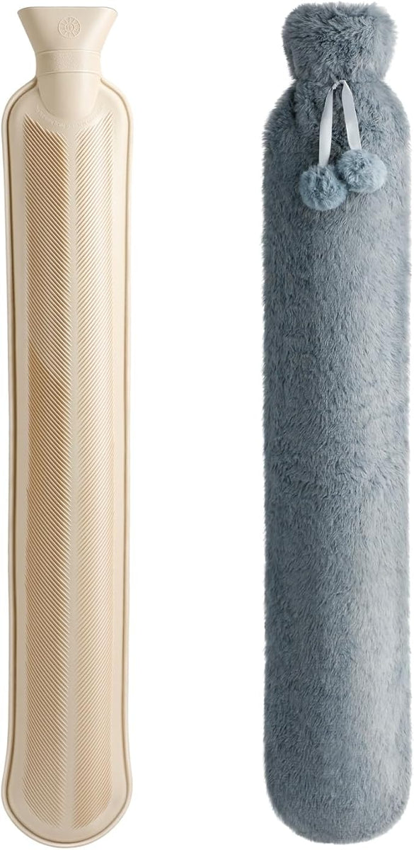 Silver Two-Tone Faux Fur Long Hot Water Bottle | 72cm, Pom-Pom Tie
