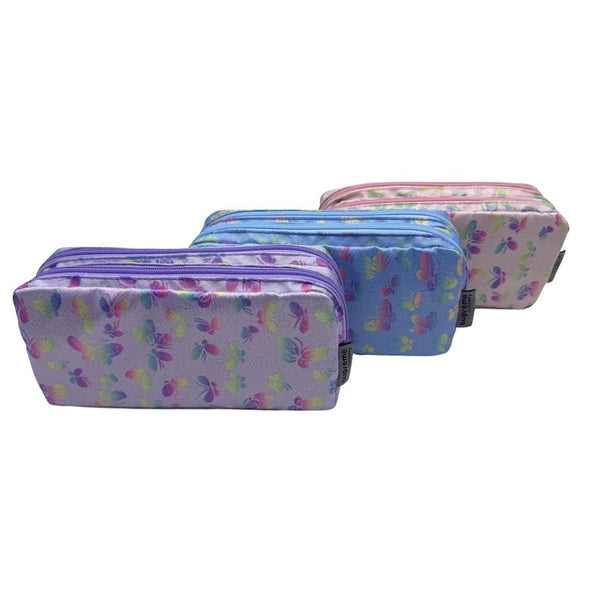 Supreme Double Pencil Case Butterfly | Durable Fabric, Lavender, Blue, Pink