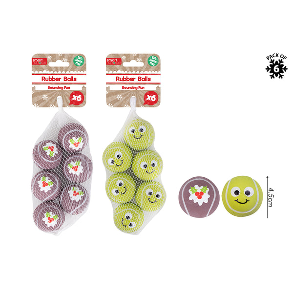 Christmas Festive Rubber Dog Balls | Pack of 6, 4.5 cm, Assorted Designs