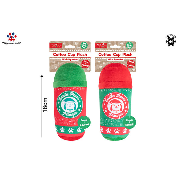 Christmas Squeaky Coffee Cup Plush Dog Toy | 18 cm, Squeaker, Assorted Colours