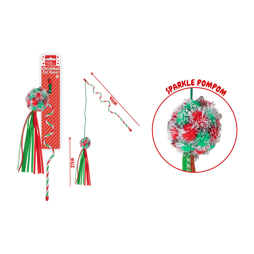 Christmas Festive Sparkle Pompom Cat Teaser Wand | 27 cm, Assorted Colours