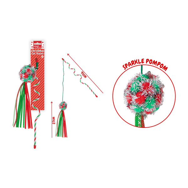 Christmas Festive Sparkle Pompom Cat Teaser Wand | 27 cm, Assorted Colours