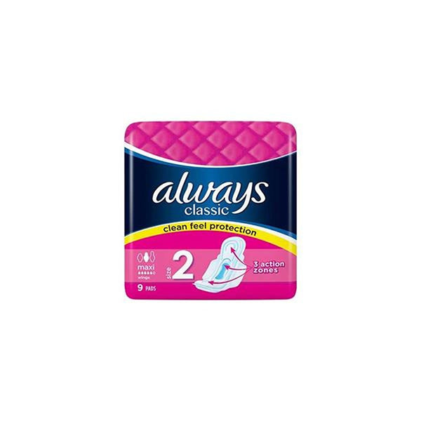 Always Classic Maxi Sanitary Pads | Pack of 9, Size 2, Normal Absorbency