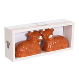 Coco & Gray Ceramic Highland Cow Salt & Pepper Shakers | Glossy Finish