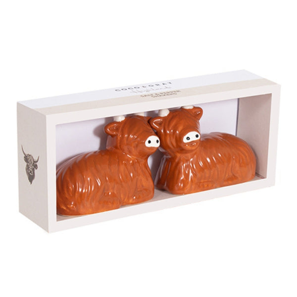 Coco & Gray Ceramic Highland Cow Salt & Pepper Shakers | Glossy Finish