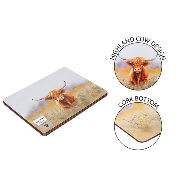 Coco & Gray Highland Cow Placemats | Set of 4 | 29x21.5cm