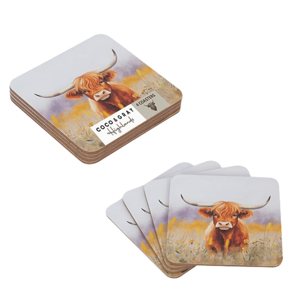 Coco & Gray Highland Cow Coasters | Set of 4 | 9.5x9.5cm