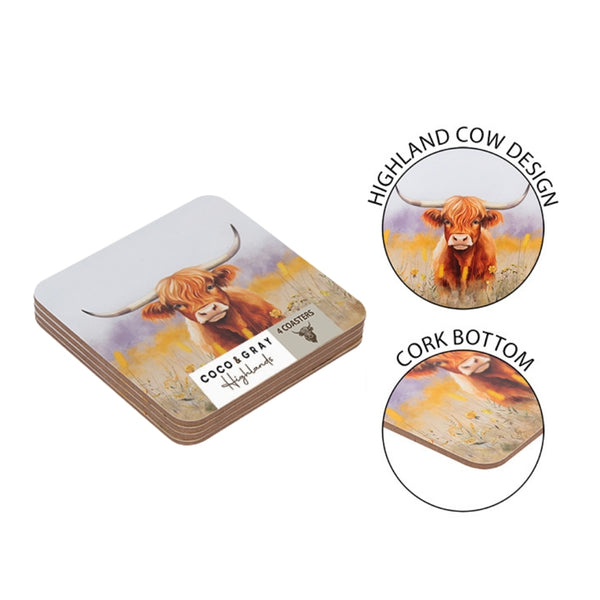 Coco & Gray Highland Cow Coasters | Set of 4 | 9.5x9.5cm