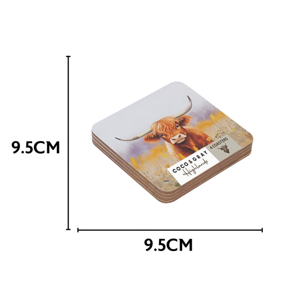 Coco & Gray Highland Cow Coasters | Set of 4 | 9.5x9.5cm