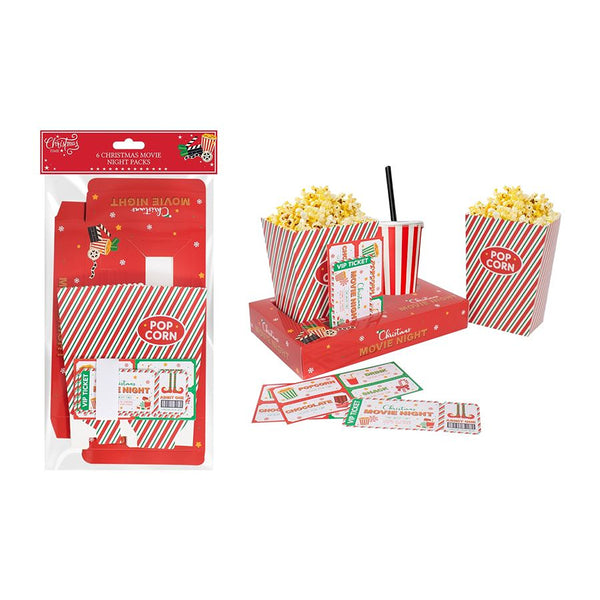 Christmas Movie Night Packs | Pack of 6, Popcorn Containers, VIP Ticket Inserts