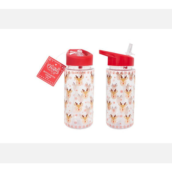 Christmas Reindeer Straw Water Bottle | 500ml, Two Lid Styles, Reusable