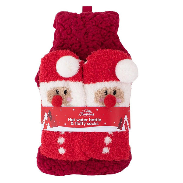 Christmas Santa Hot Water Bottle and Fluffy Socks Gift Set | Santa Hat Motif