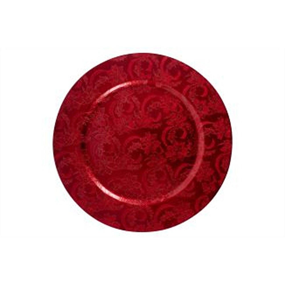 Christmas Embossed Red Charger Plate | Circular, Rimmed Border, Damask Texture