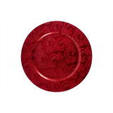 Christmas Embossed Red Charger Plate | Circular, Rimmed Border, Damask Texture
