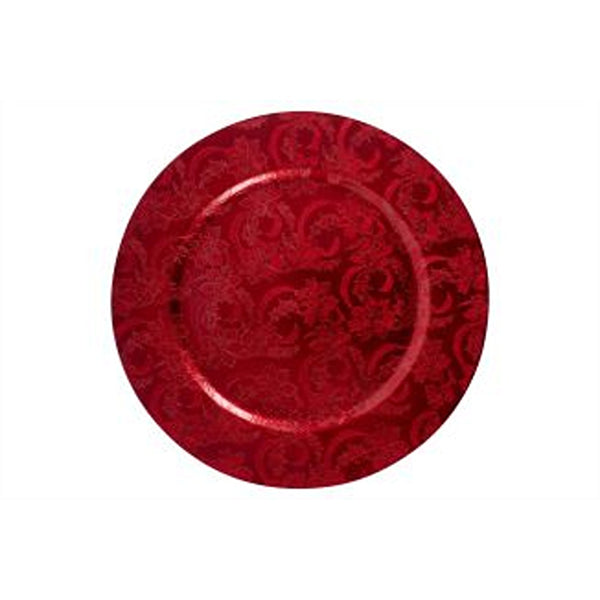 Christmas Embossed Red Charger Plate | Circular, Rimmed Border, Damask Texture