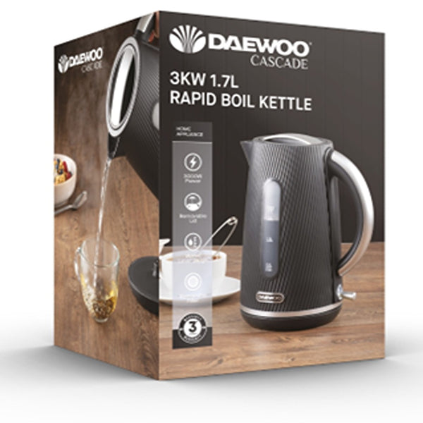 Daewoo Cascade Black Electric Kettle | 1.7L, 3kW Rapid Boil, Ribbed Design