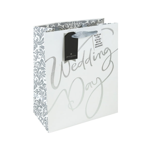 Wedding Day Large Gift Bag | White and Silver, Damask Detail