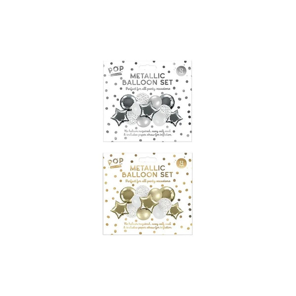 Metallic Assorted Party Balloon Set | Pack of 12, Assorted Colours and Designs