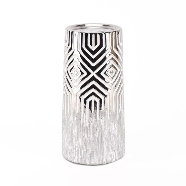 Silver & White Geometric Candle Holder - 19.8cm