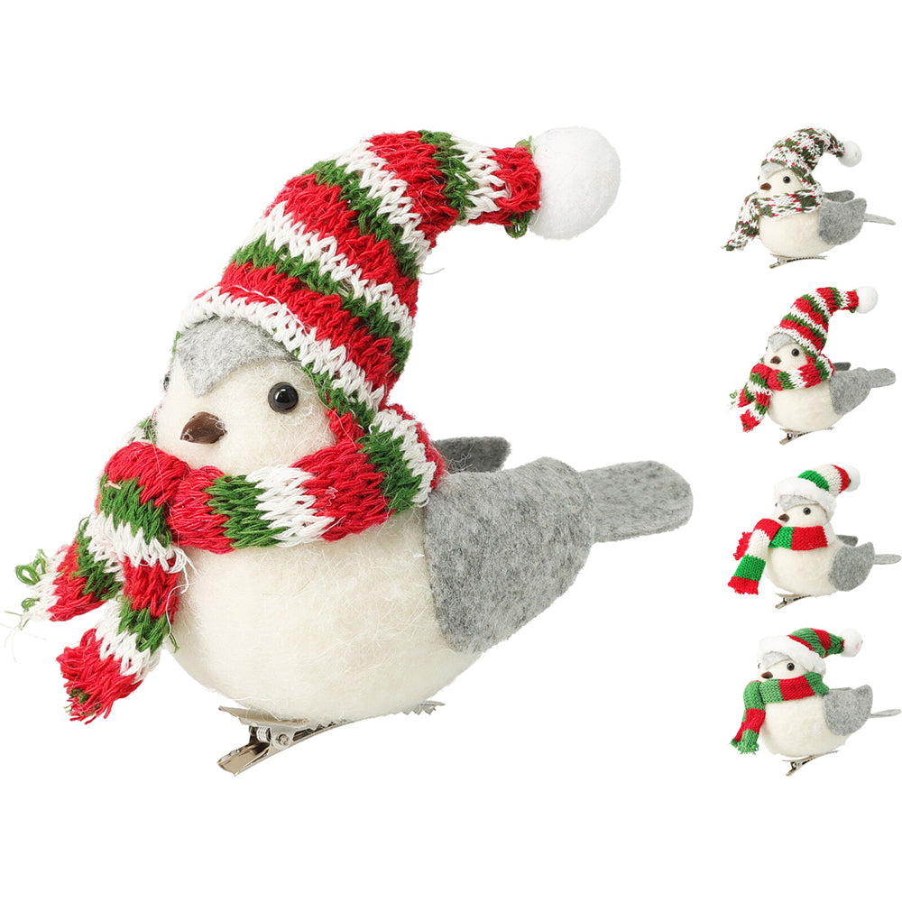 Christmas Clip-On Bird Ornament | Knitted Hat and Scarf, Metal Clip Base, 9 cm