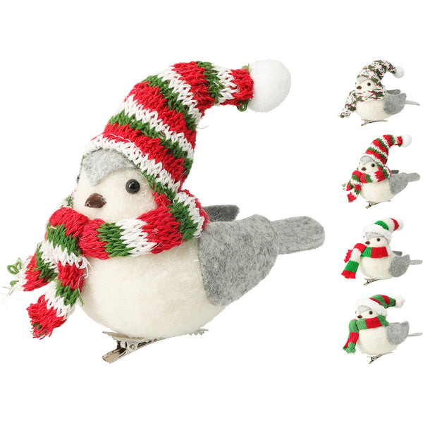 Christmas Clip-On Bird Ornament | Knitted Hat and Scarf, Metal Clip Base, 9 cm