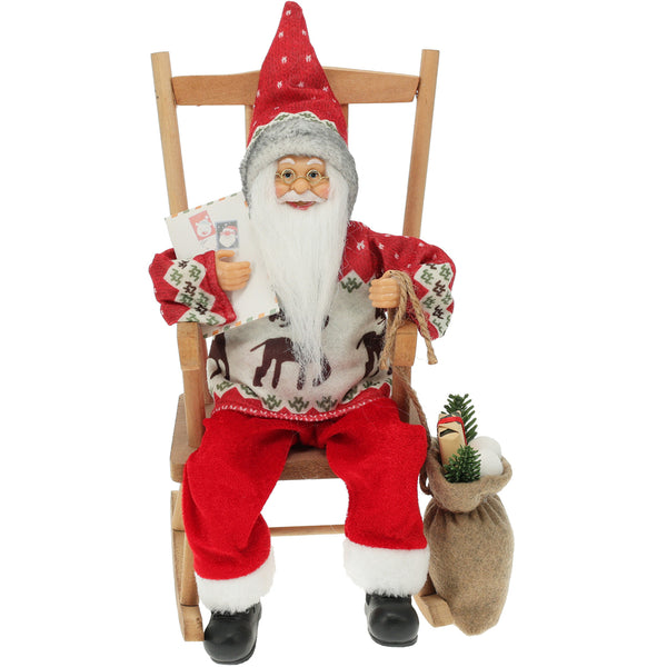 Christmas Santa Figurine Ornament | 35cm, Grey, Wooden Rocking Chair