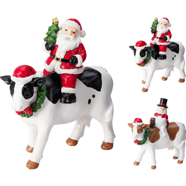 Christmas Hand-Painted Cow Figurine | Assorted Designs, Santa or Snowman