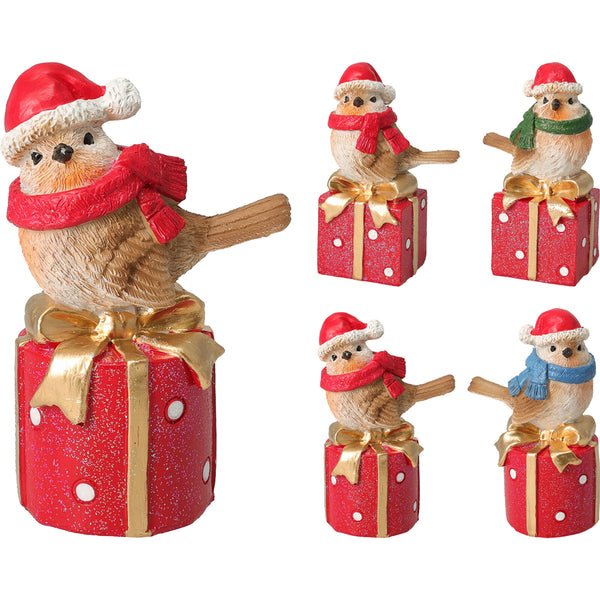 Christmas Bird on Gift Box Figurine | 13 cm, Hand-Painted, Glitter Finish