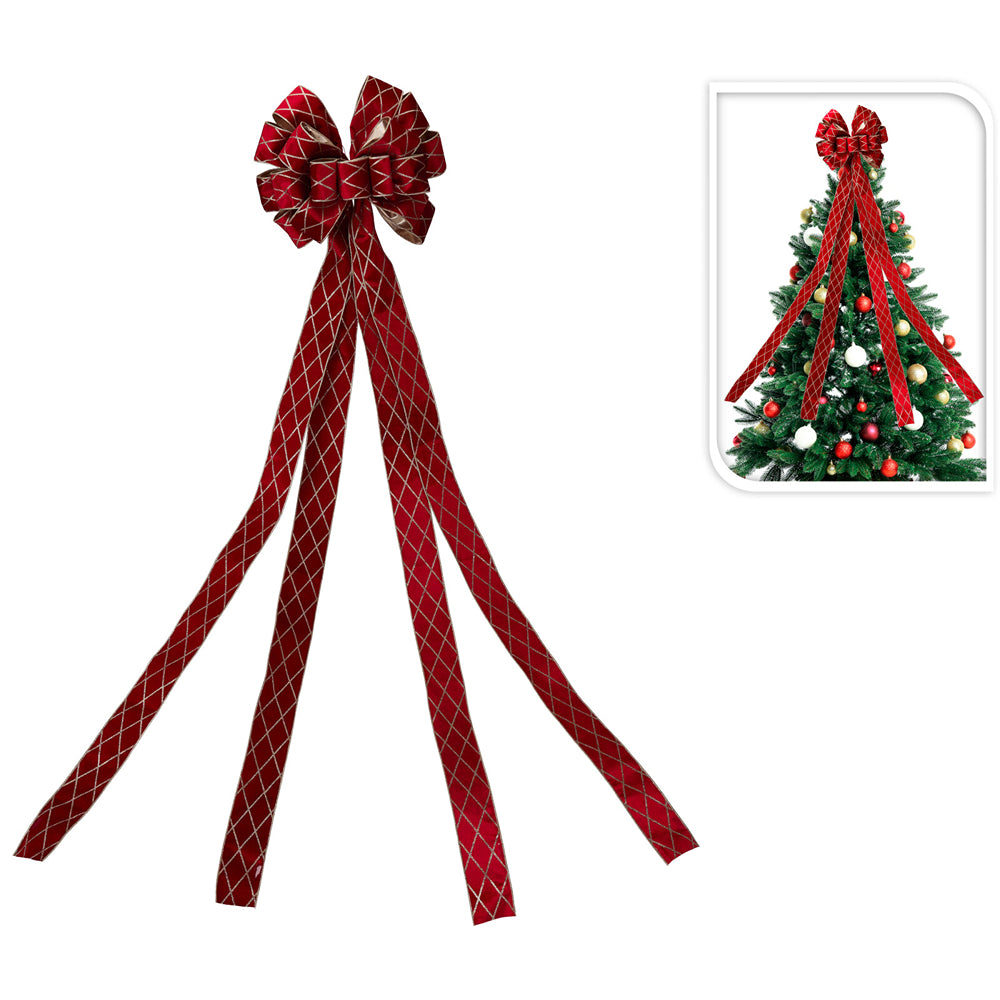 Christmas Red Tree Topper Bow | 130 x 33cm, Gold Diamond Lattice, Pre-Tied