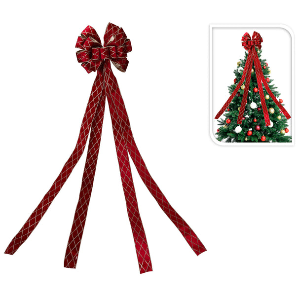 Christmas Red Tree Topper Bow | 130 x 33cm, Gold Diamond Lattice, Pre-Tied