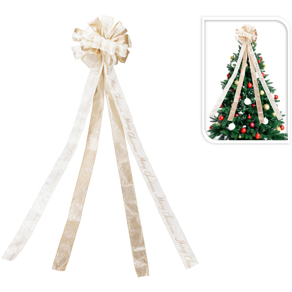 Christmas Cream and Gold Tree Topper Bow | 130 x 33cm, Merry Christmas Script