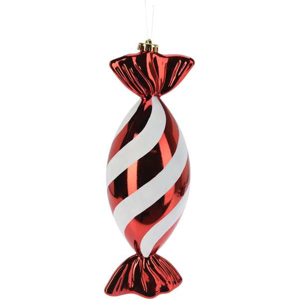Christmas Red & White Candy Bauble | 30cm, Spiral Stripe, High-Gloss Finish