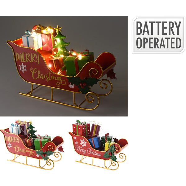 Christmas Red LED Sleigh Ornament with Presents | Battery-Operated, Warm LED