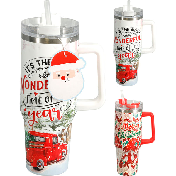 Christmas Handled Travel Mug with Straw | 1200ml, Clear Lid, Flip-Top Cover