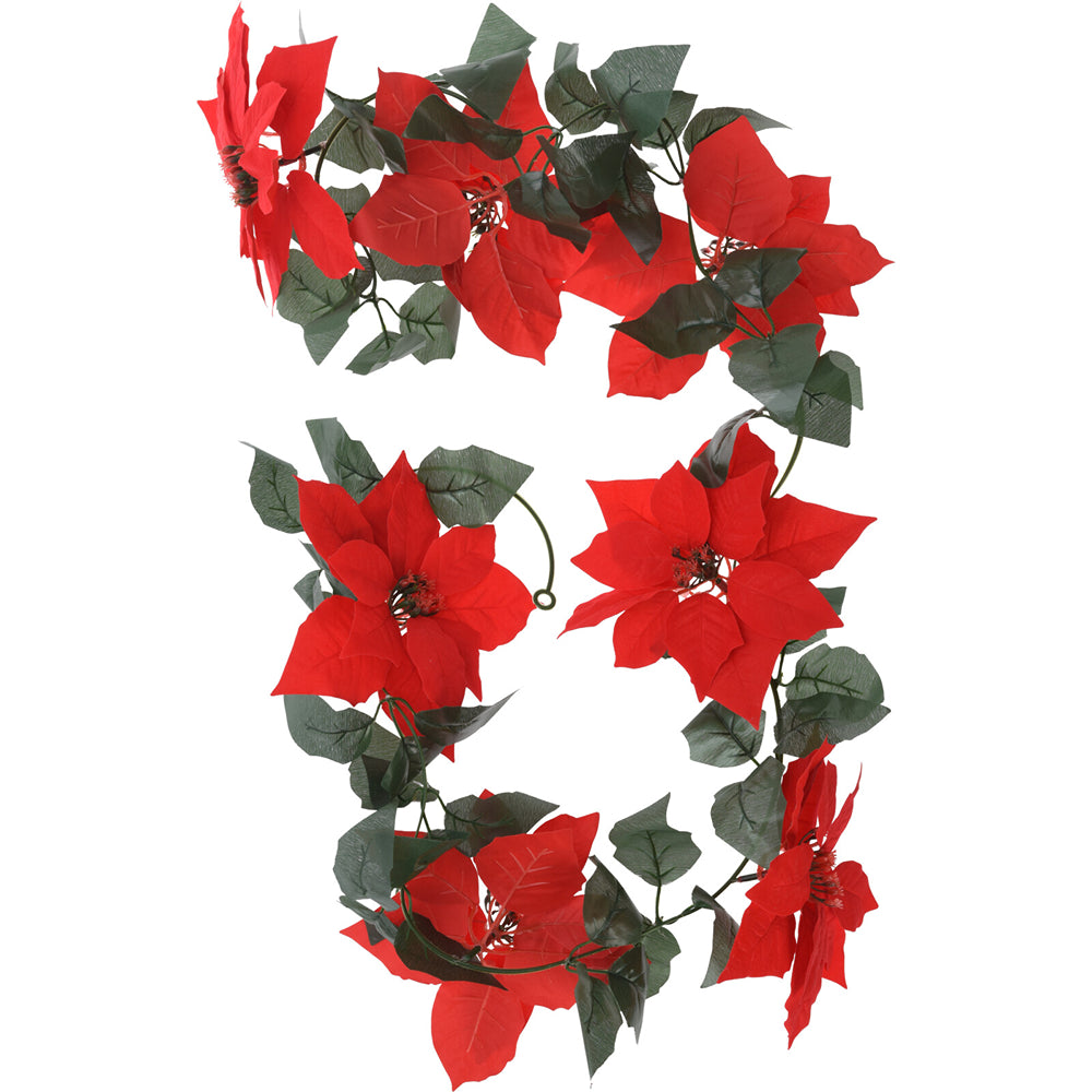 Christmas Red Poinsettia Flower Garland | 190 x 21cm, Integrated Loops