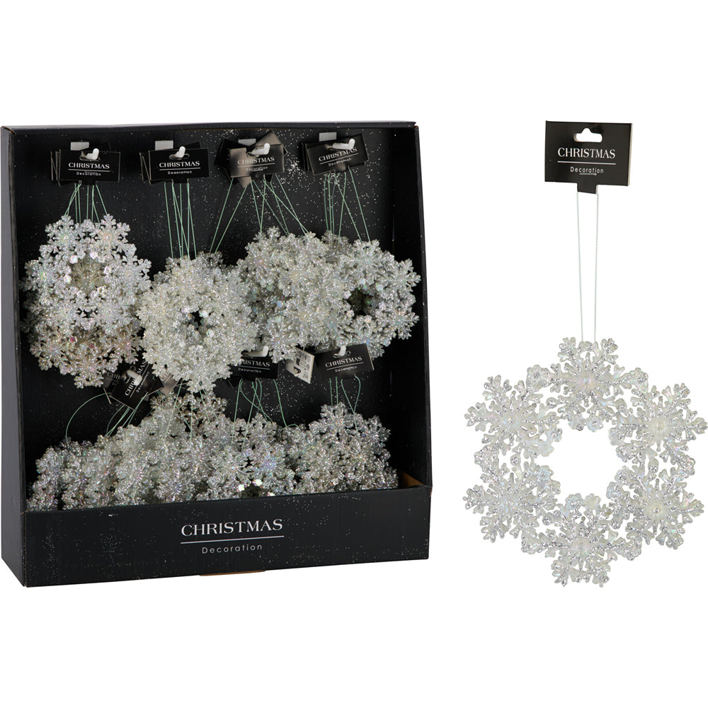 Christmas Snowflake Wreath Hanging Decoration | Silver, Iridescent Glitter, 12cm