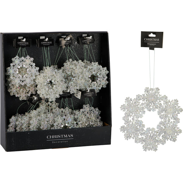 Christmas Snowflake Wreath Hanging Decoration | Silver, Iridescent Glitter, 12cm