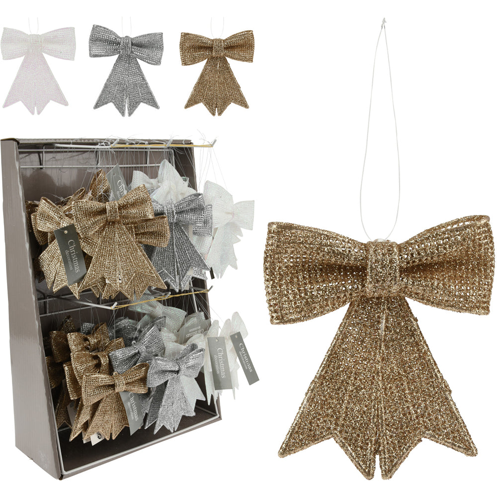 Christmas Glitter Bow Tree Decoration | Assorted Colours, Hanging Loop