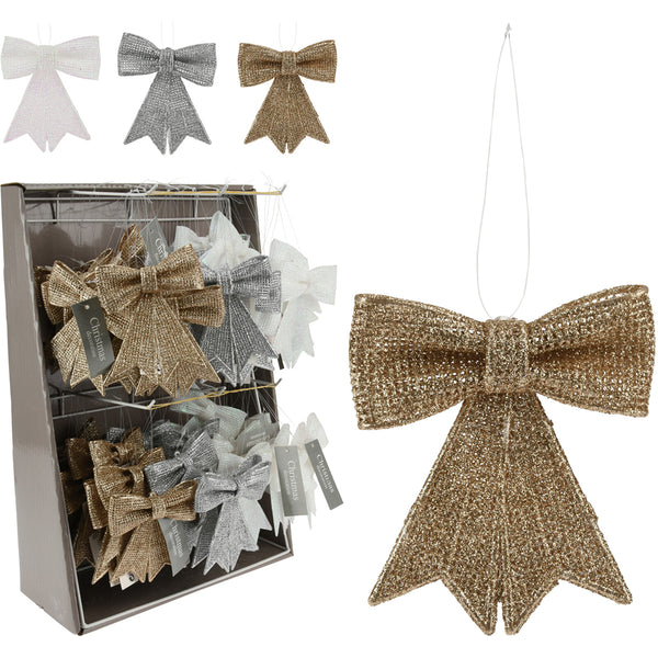 Christmas Glitter Bow Tree Decoration | Assorted Colours, Hanging Loop
